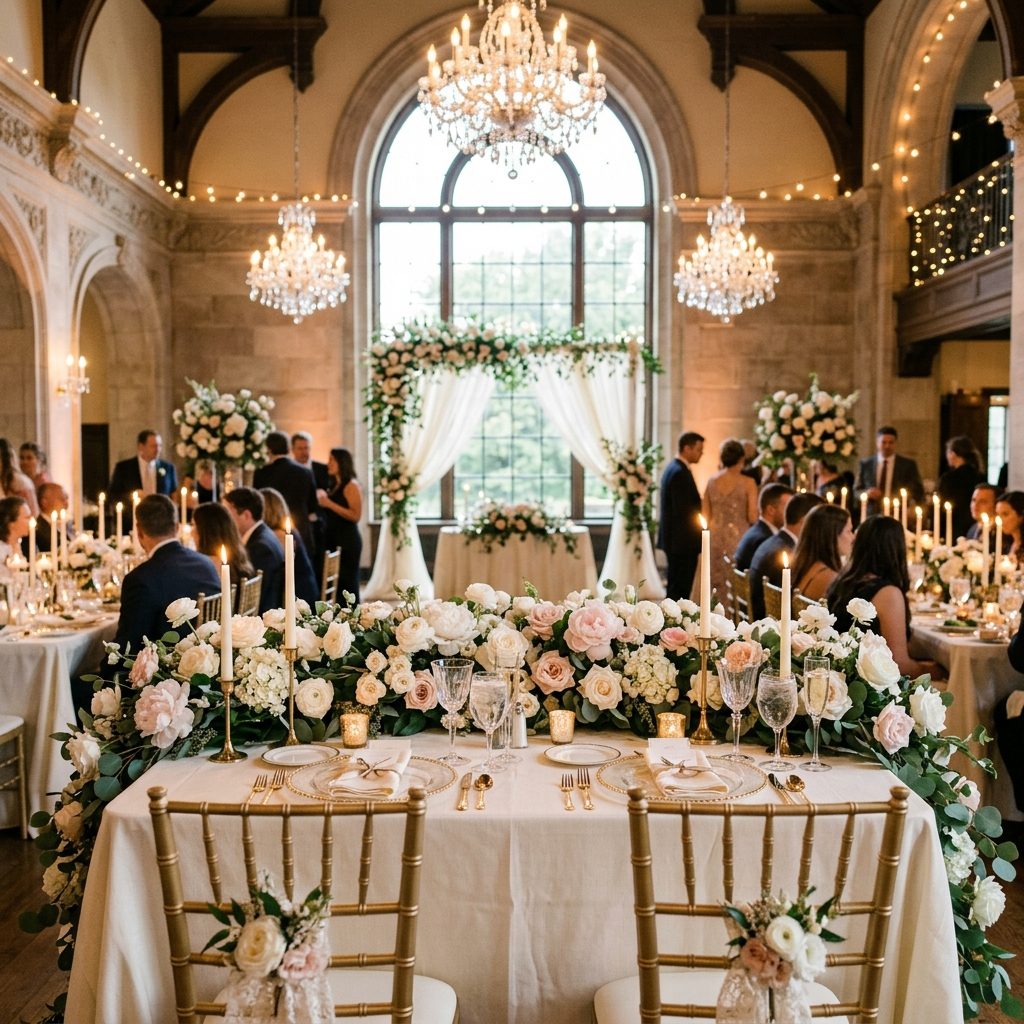 Wedding sweetheart table under a floral arch